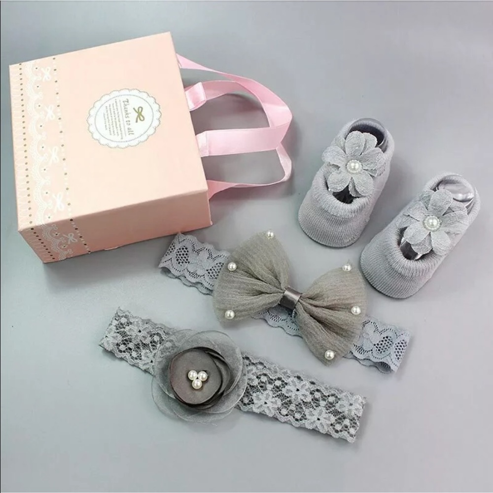 Baby Headband Socks Set Flower Bows Girl W/Box